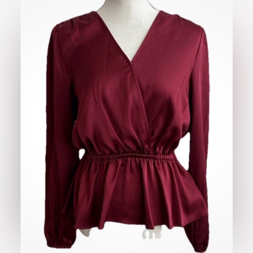 NWT Michael Kors Women's Burgundy Wrap-Style Peplum Blouse Size S